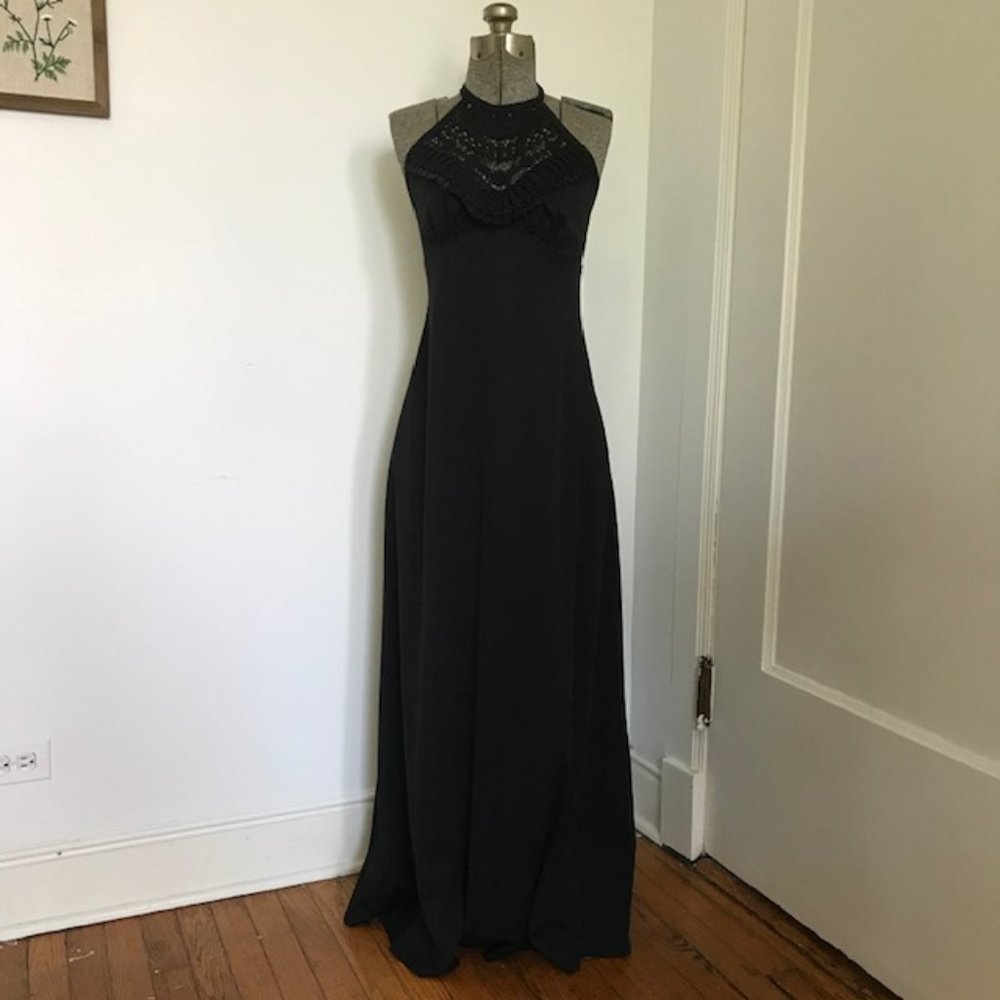 VINTAGE 70s Embroidered Lace Halter Maxi Dress